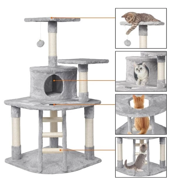 Yaheetech 47.5-in Plush Cat Tree & Condo, Light Gray - Image 4
