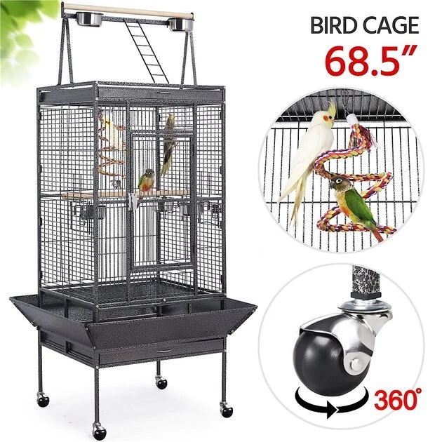 Yaheetech 68.5-in Rolling Bird Cage & Playtop, Hammertone Black - Image 2