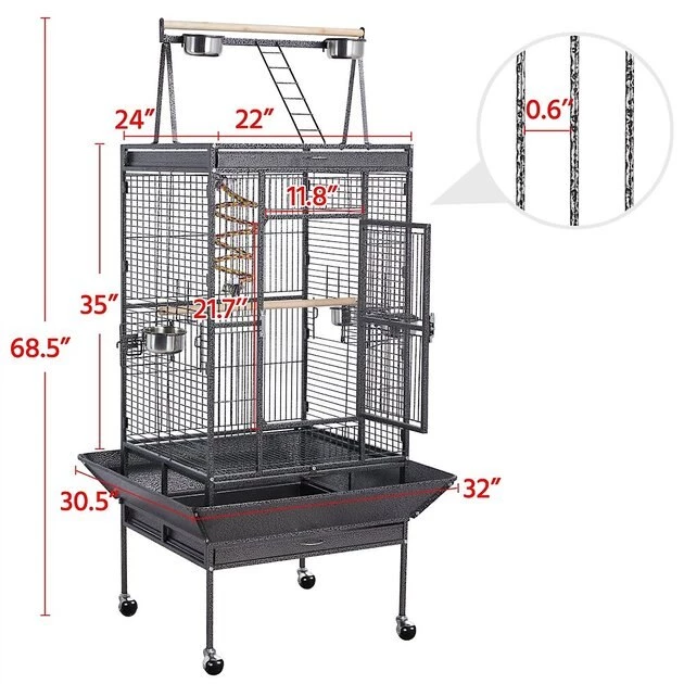 Yaheetech 68.5-in Rolling Bird Cage & Playtop, Hammertone Black - Image 3