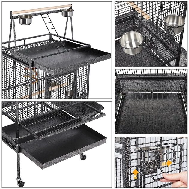 Yaheetech 68.5-in Rolling Bird Cage & Playtop, Hammertone Black - Image 4