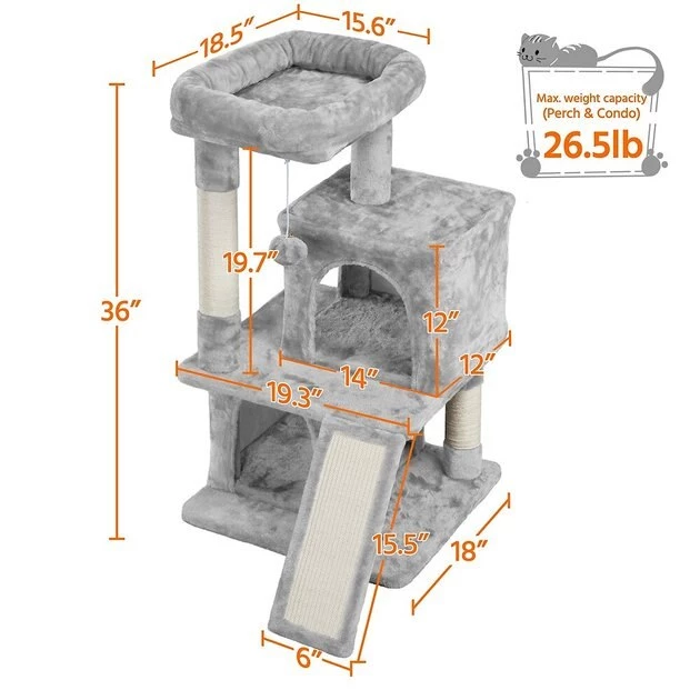 Yaheetech 3 Tiers 36-in Plush Cat Tower with Double Cat Condo - Image 3