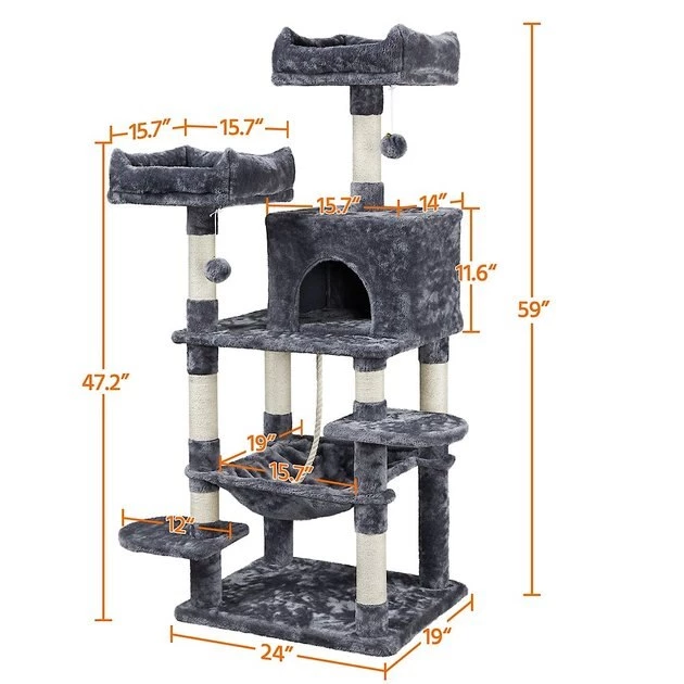 Yaheetech 59-in Plush Cat Tree & Condo, Dark Gray - Image 3