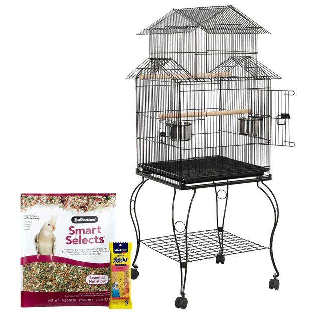 Yaheetech||ZuPreem||Vitakraft Medium Bird Starter Kit - Yaheetech 55-in Triple Roof Rolling Bird Cage, Black + 2 other items