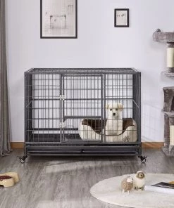 Yaheetech Wheels & Litter Pans Dog Crate, Black, 43-in